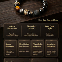 Men's Tiger Eye, Silver Obsidian & Meteorite Bracelet - product detail 6