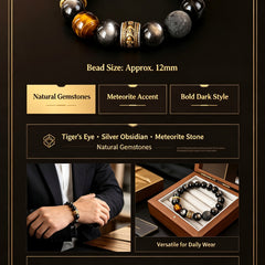 Men's Tiger Eye, Silver Obsidian & Meteorite Bracelet - product detail 9